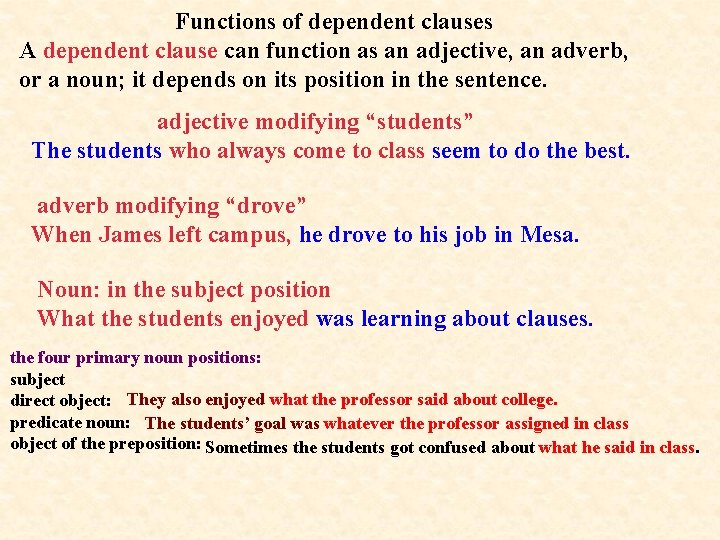  Functions of dependent clauses A dependent clause can function as an adjective, an