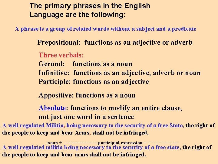 The primary phrases in the English Language are the following: A phrase is a
