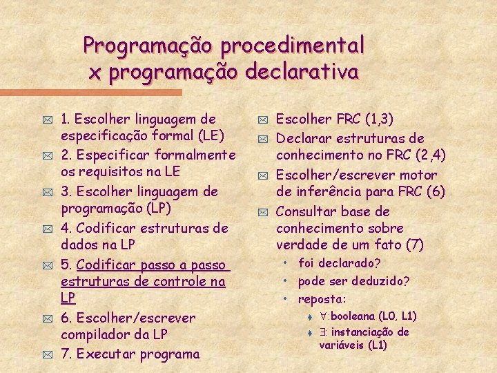 Programação procedimental x programação declarativa * * * * 1. Escolher linguagem de especificação