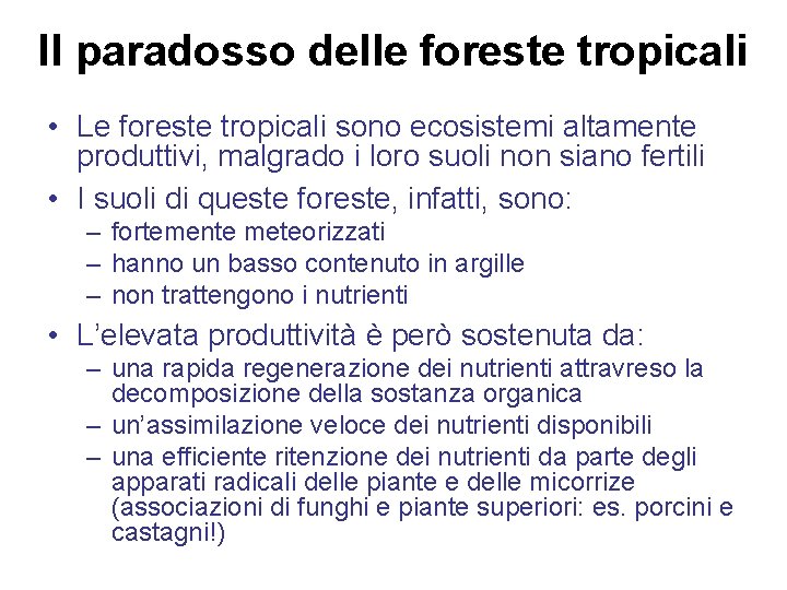 Il paradosso delle foreste tropicali • Le foreste tropicali sono ecosistemi altamente produttivi, malgrado