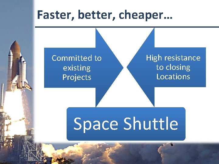 Faster, better, cheaper… Committed to existing Projects High resistance to closing Locations Space Shuttle
