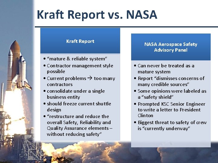Kraft Report vs. NASA Kraft Report • “mature & reliable system” • Contractor management