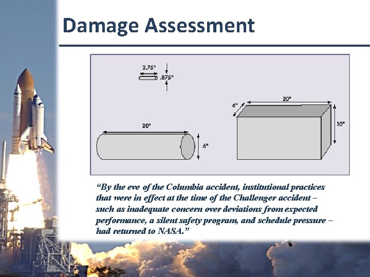 Damage Assessment “By the eve of the Columbia accident, institutional practices that were in