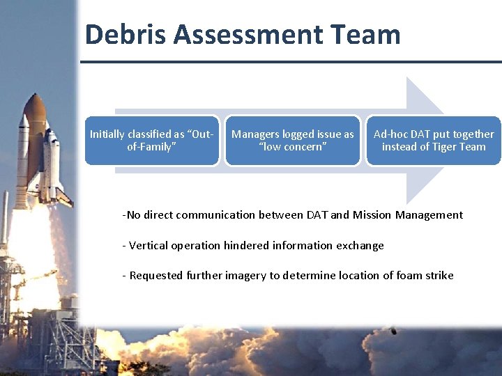 Debris Assessment Team Initially classified as “Outof-Family” Managers logged issue as “low concern” Ad-hoc