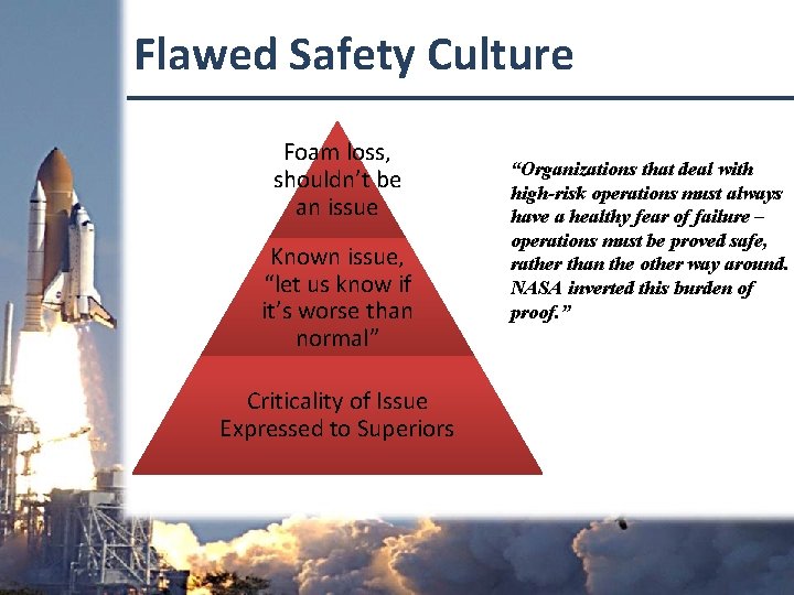 Flawed Safety Culture Foam loss, shouldn’t be an issue Known issue, “let us know