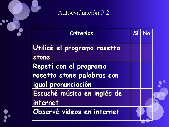 Autoevaluación # 2 Criterios Utilicé el programa rosetta stone Repetí con el programa rosetta