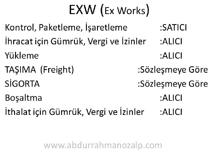 EXW (Ex Works) Kontrol, Paketleme, İşaretleme : SATICI İhracat için Gümrük, Vergi ve İzinler