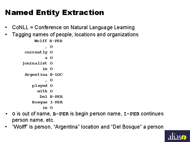 Named Entity Extraction • Co. NLL = Conference on Natural Language Learning • Tagging
