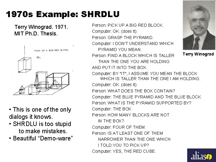 1970 s Example: SHRDLU Terry Winograd. 1971. MIT Ph. D. Thesis. • This is