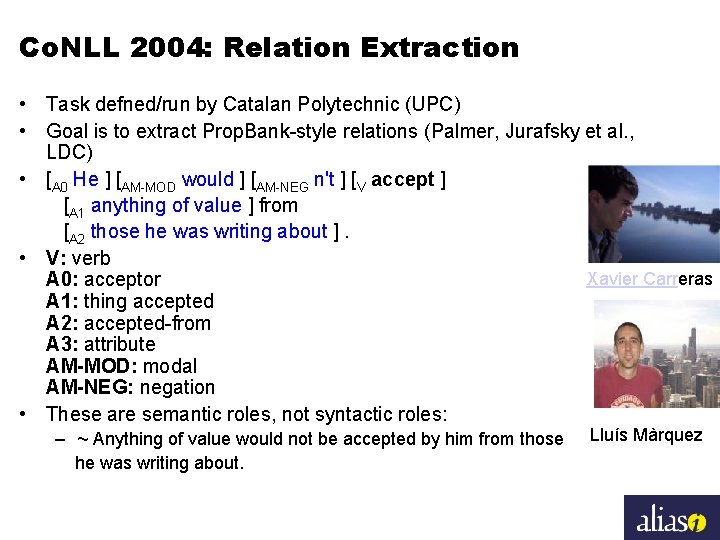 Co. NLL 2004: Relation Extraction • Task defned/run by Catalan Polytechnic (UPC) • Goal