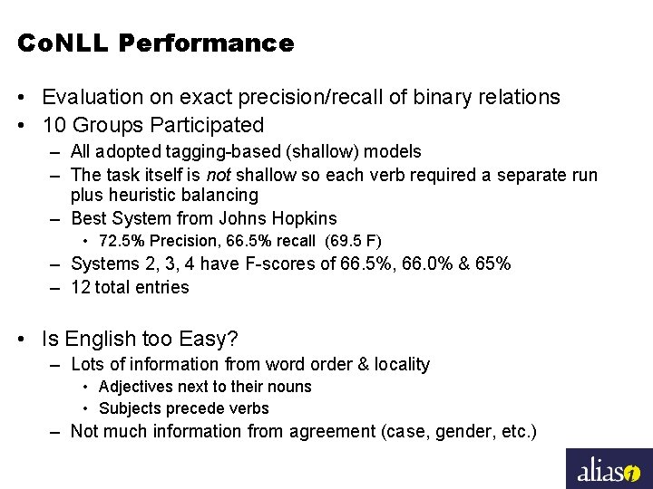 Co. NLL Performance • Evaluation on exact precision/recall of binary relations • 10 Groups