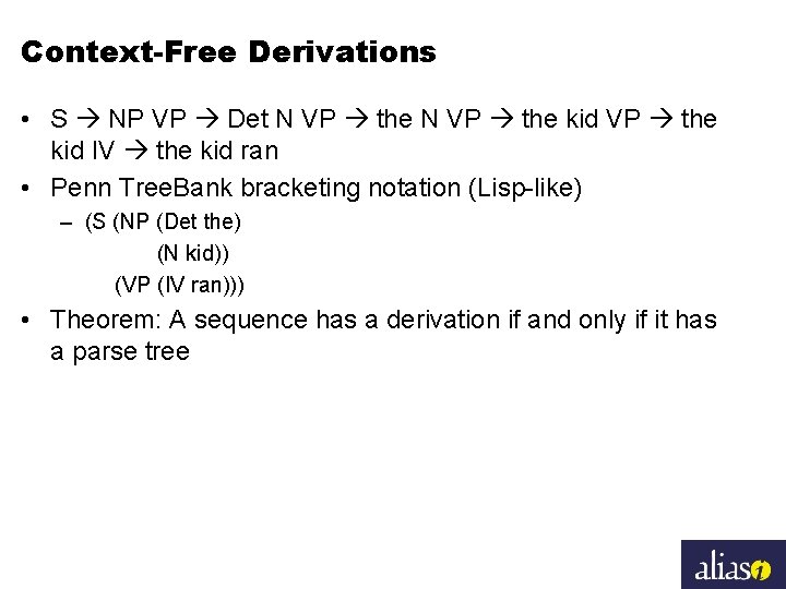 Context-Free Derivations • S NP VP Det N VP the kid IV the kid