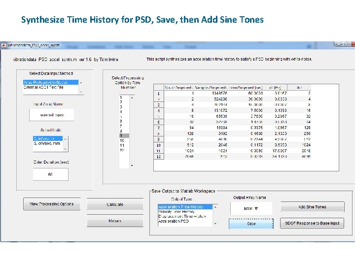 Synthesize Time History for PSD, Save, then Add Sine Tones 