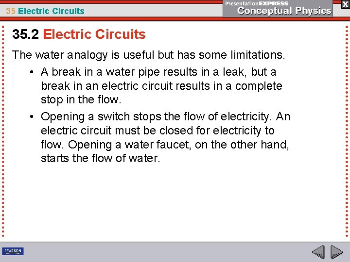 35 Electric Circuits 35. 2 Electric Circuits The water analogy is useful but has