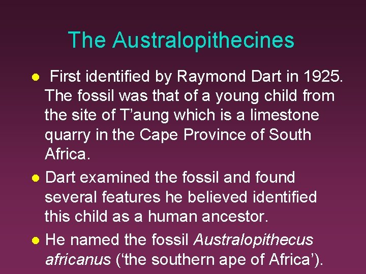 The Australopithecines First identified by Raymond Dart in 1925. The fossil was that of