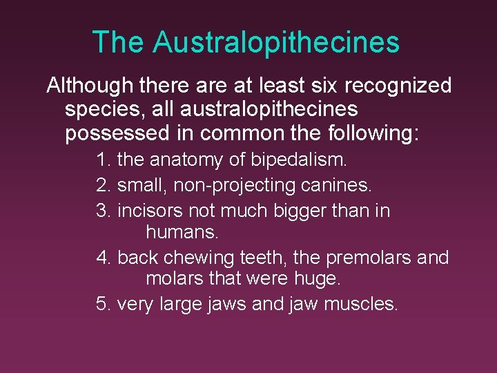 The Australopithecines Although there at least six recognized species, all australopithecines possessed in common