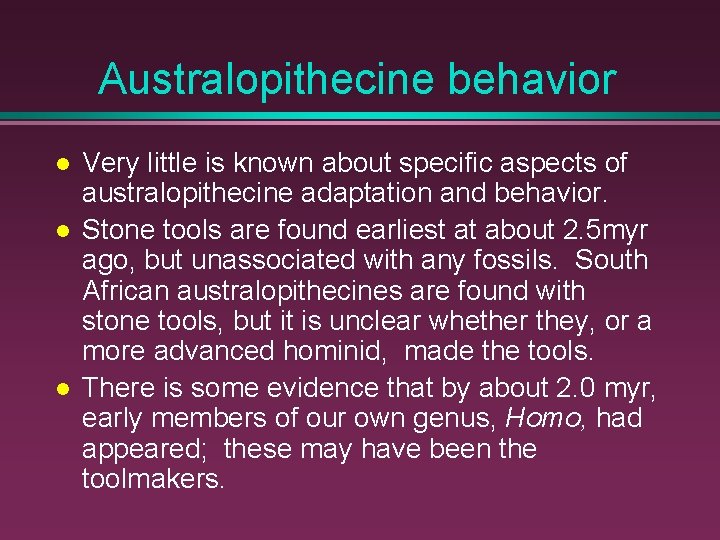 Australopithecine behavior Very little is known about specific aspects of australopithecine adaptation and behavior.