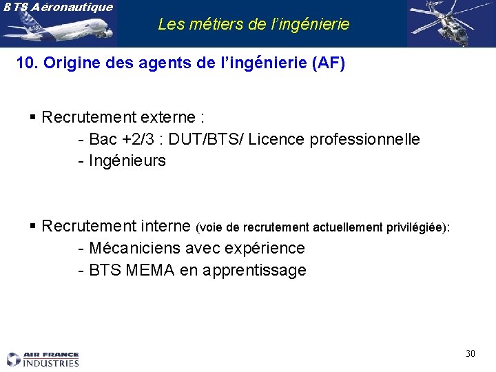 BTS Aéronautique Les métiers de l’ingénierie 10. Origine des agents de l’ingénierie (AF) §
