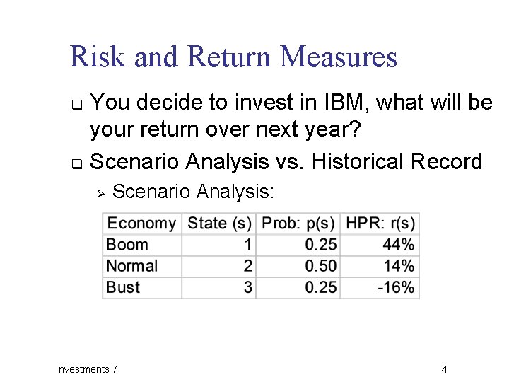 Risk and Return Measures You decide to invest in IBM, what will be your