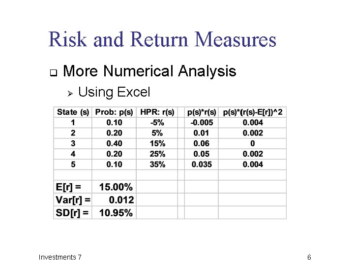 Risk and Return Measures q More Numerical Analysis Ø Using Excel Investments 7 6