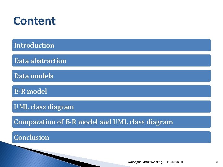 Content Introduction Data abstraction Data models E-R model UML class diagram Comparation of E-R