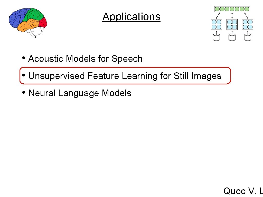 Applications • Acoustic Models for Speech • Unsupervised Feature Learning for Still Images • Applications • Acoustic Models for Speech • Unsupervised Feature Learning for Still Images •