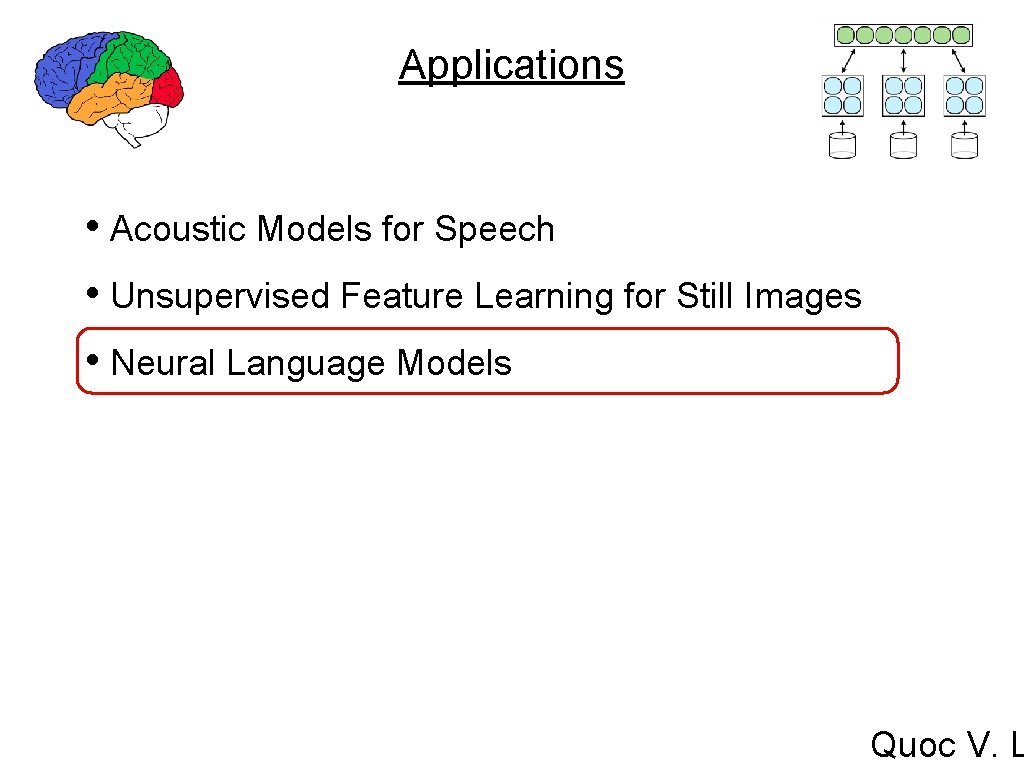 Applications • Acoustic Models for Speech • Unsupervised Feature Learning for Still Images • Applications • Acoustic Models for Speech • Unsupervised Feature Learning for Still Images •