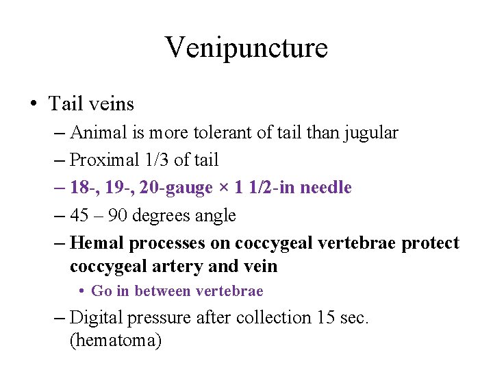 Venipuncture • Tail veins – Animal is more tolerant of tail than jugular –