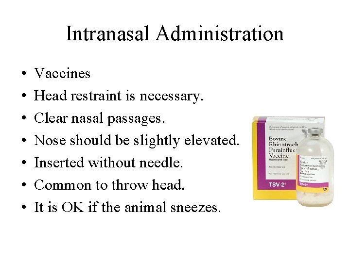 Intranasal Administration • • Vaccines Head restraint is necessary. Clear nasal passages. Nose should
