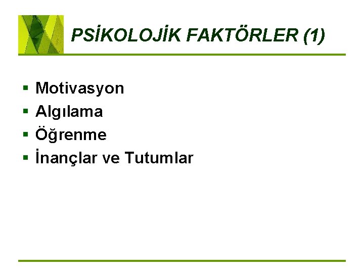 PSİKOLOJİK FAKTÖRLER (1) § § Motivasyon Algılama Öğrenme İnançlar ve Tutumlar 