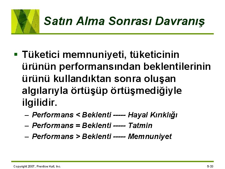 Satın Alma Sonrası Davranış § Tüketici memnuniyeti, tüketicinin ürünün performansından beklentilerinin ürünü kullandıktan sonra