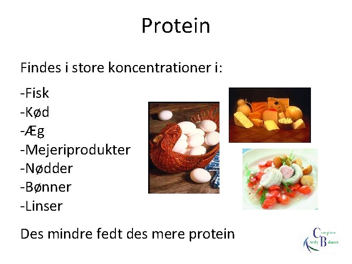 Protein Findes i store koncentrationer i: -Fisk -Kød -Æg -Mejeriprodukter -Nødder -Bønner -Linser Des