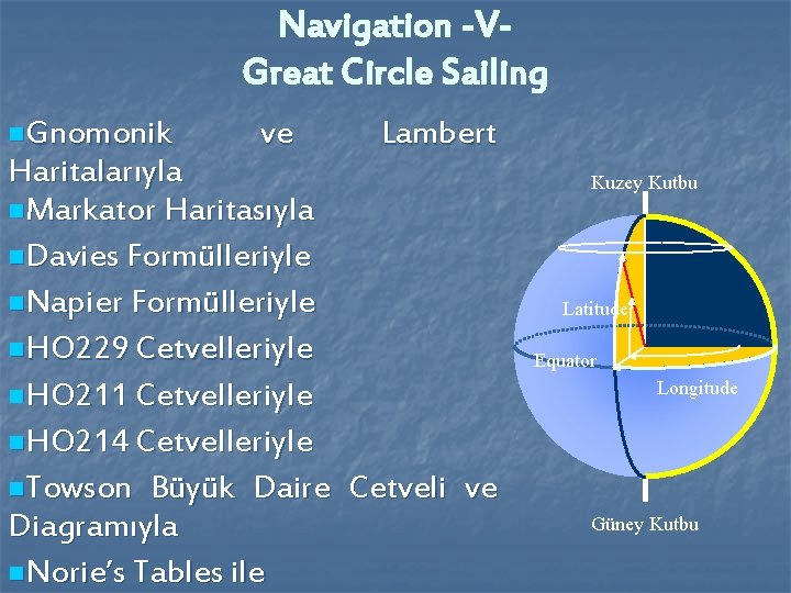 Navigation -VGreat Circle Sailing n. Gnomonik ve Lambert Haritalarıyla n. Markator Haritasıyla n. Davies