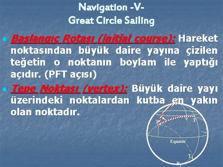 Navigation -VGreat Circle Sailing n n Başlangıç Rotası (initial course): Hareket noktasından büyük daire