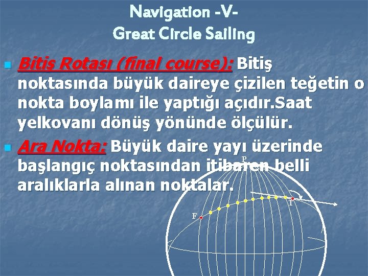 Navigation -VGreat Circle Sailing n n Bitiş Rotası (final course): Bitiş noktasında büyük daireye