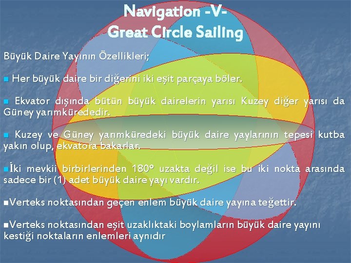 Navigation -VGreat Circle Sailing Büyük Daire Yayının Özellikleri; n Her büyük daire bir diğerini