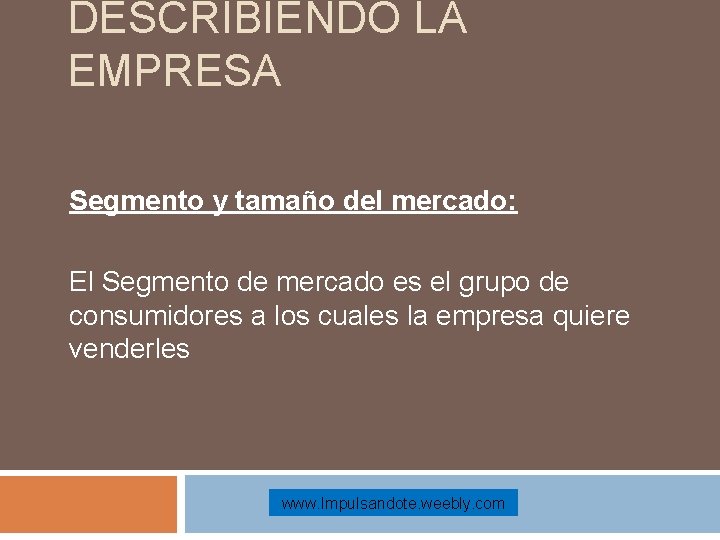 DESCRIBIENDO LA EMPRESA Segmento y tamaño del mercado: El Segmento de mercado es el