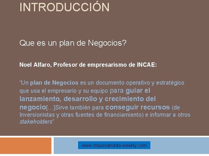 INTRODUCCIÓN Que es un plan de Negocios? Noel Alfaro, Profesor de empresarismo de INCAE: