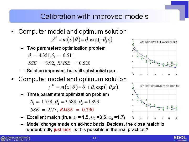 Calibration with improved models • Computer model and optimum solution – Two parameters optimization