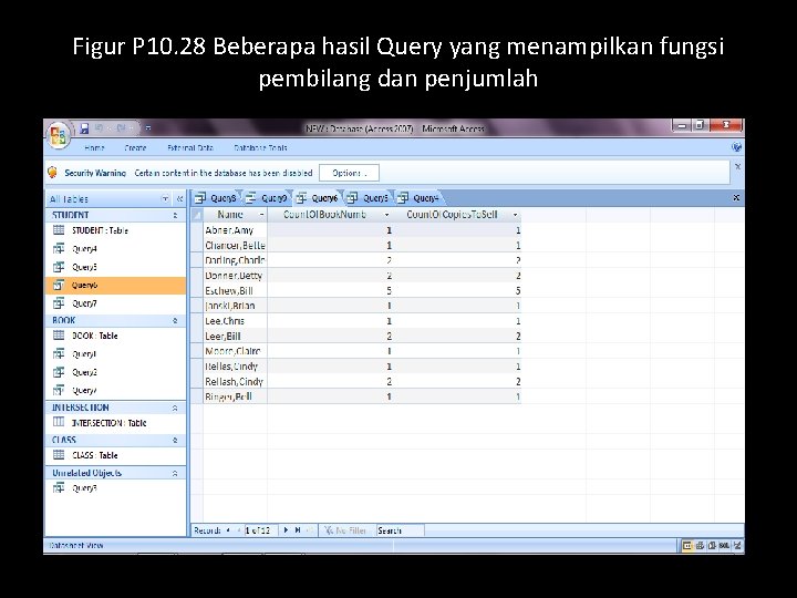 Figur P 10. 28 Beberapa hasil Query yang menampilkan fungsi pembilang dan penjumlah 