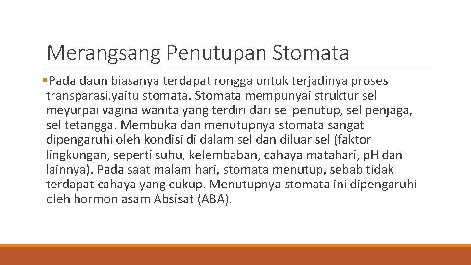 Merangsang Penutupan Stomata §Pada daun biasanya terdapat rongga untuk terjadinya proses transparasi. yaitu stomata.