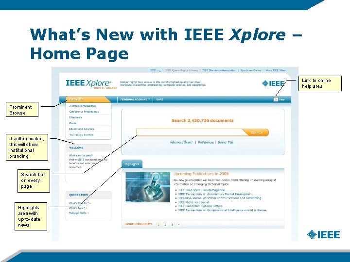 What’s New with IEEE Xplore – Home Page Link to online help area Prominent