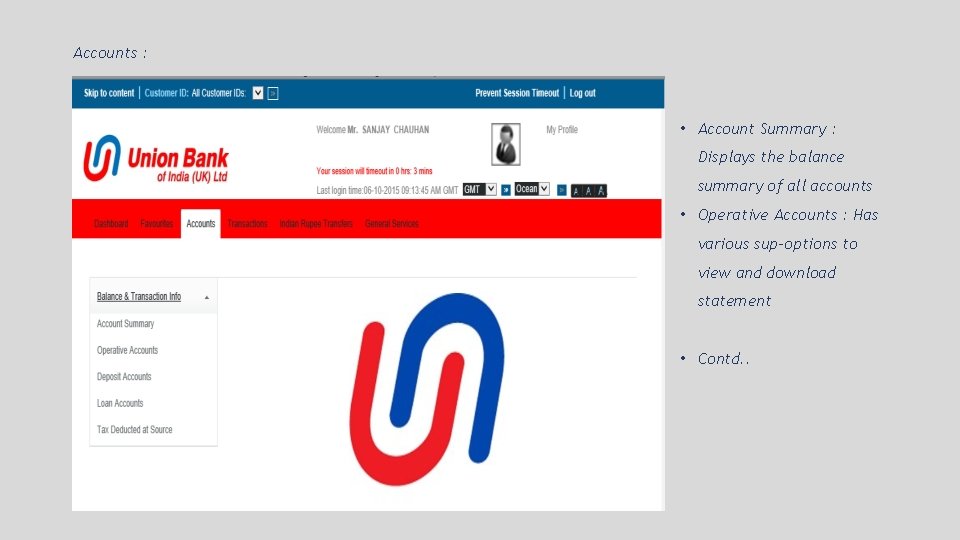 Accounts : • Account Summary : Displays the balance summary of all accounts •