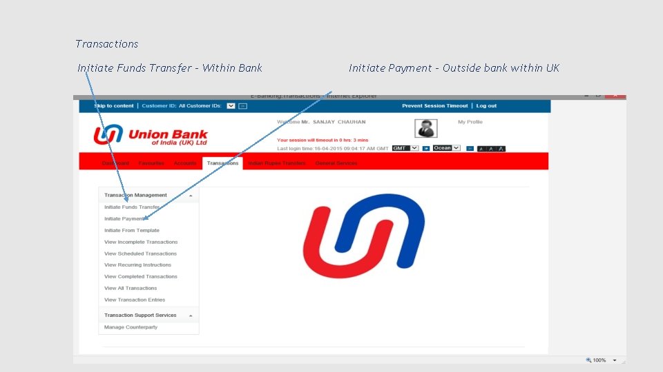 Transactions Initiate Funds Transfer – Within Bank Initiate Payment – Outside bank within UK