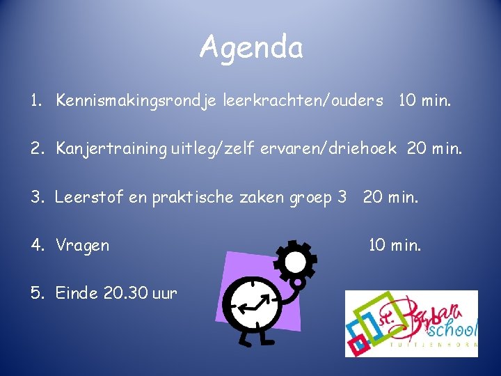 Agenda 1. Kennismakingsrondje leerkrachten/ouders 10 min. 2. Kanjertraining uitleg/zelf ervaren/driehoek 20 min. 3. Leerstof