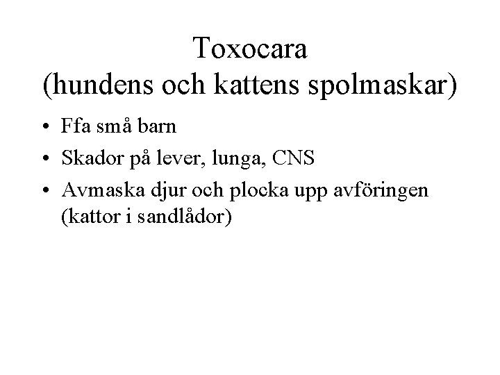 Toxocara (hundens och kattens spolmaskar) • Ffa små barn • Skador på lever, lunga,