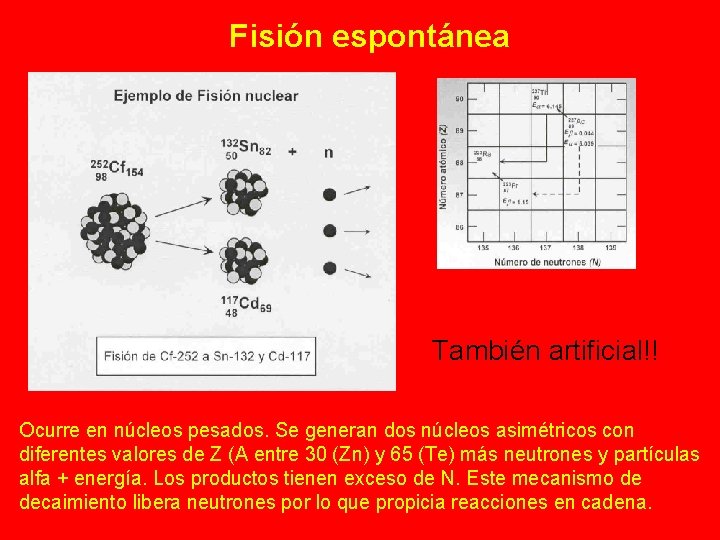 Fisión espontánea También artificial!! Ocurre en núcleos pesados. Se generan dos núcleos asimétricos con