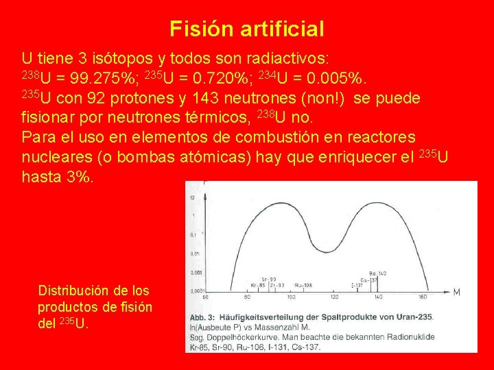 Fisión artificial U tiene 3 isótopos y todos son radiactivos: 238 U = 99.