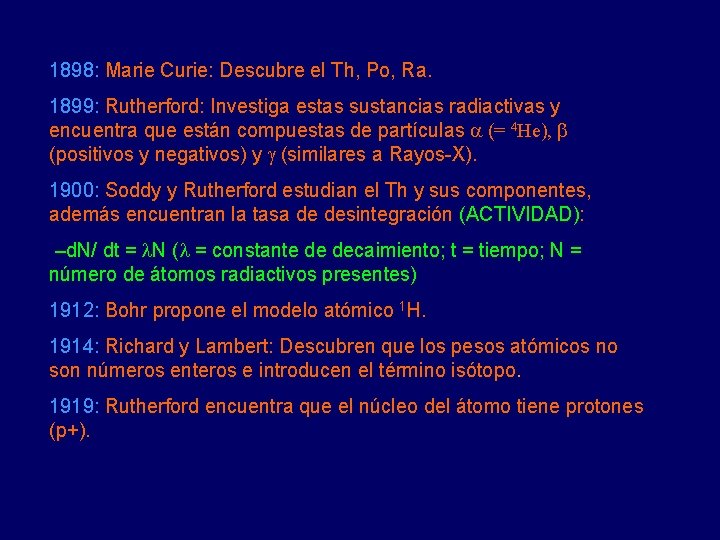 1898: Marie Curie: Descubre el Th, Po, Ra. 1899: Rutherford: Investiga estas sustancias radiactivas