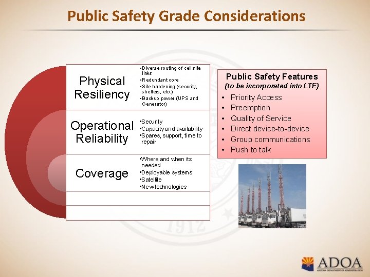 Public Safety Grade Considerations Physical Resiliency • Diverse routing of cell site links •
